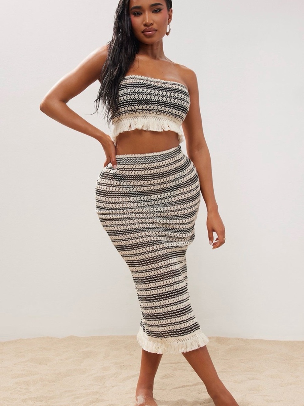 Fashion Nova Black & Cream Striped Knit Two-Piece Coverup